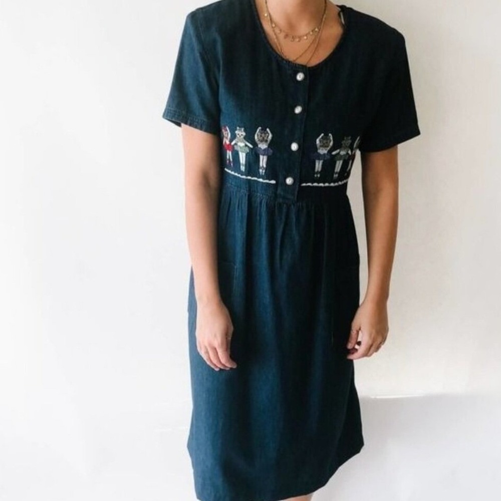 Olivia Rose Vintage Denim Cat Ballerina Dress Embroidered Midi Blue Cotton 12P